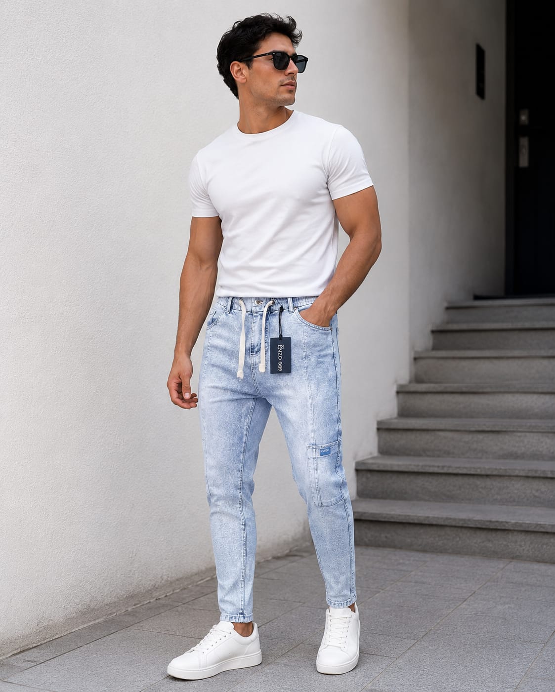 Ice Washed Light Blue Carrot Fit Jeans