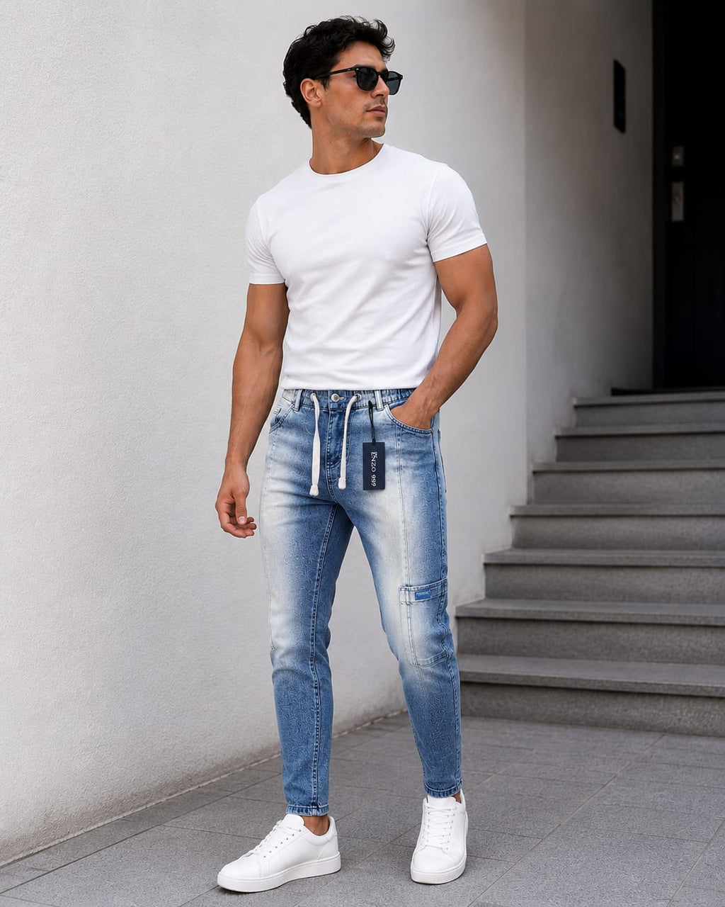 Contrast Wash Blue Carrot Fit Jeans