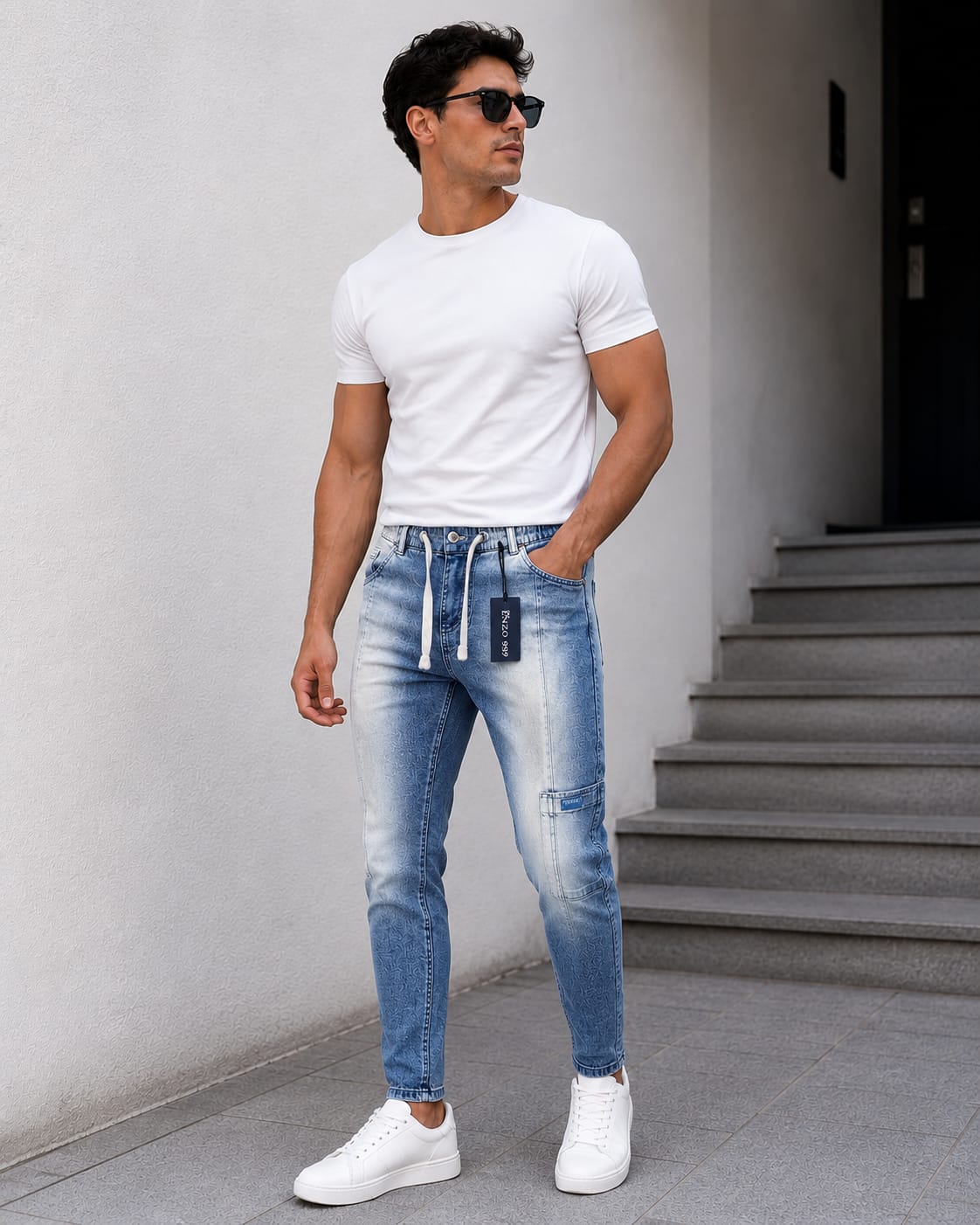 Contrast Wash Blue Carrot Fit Jeans