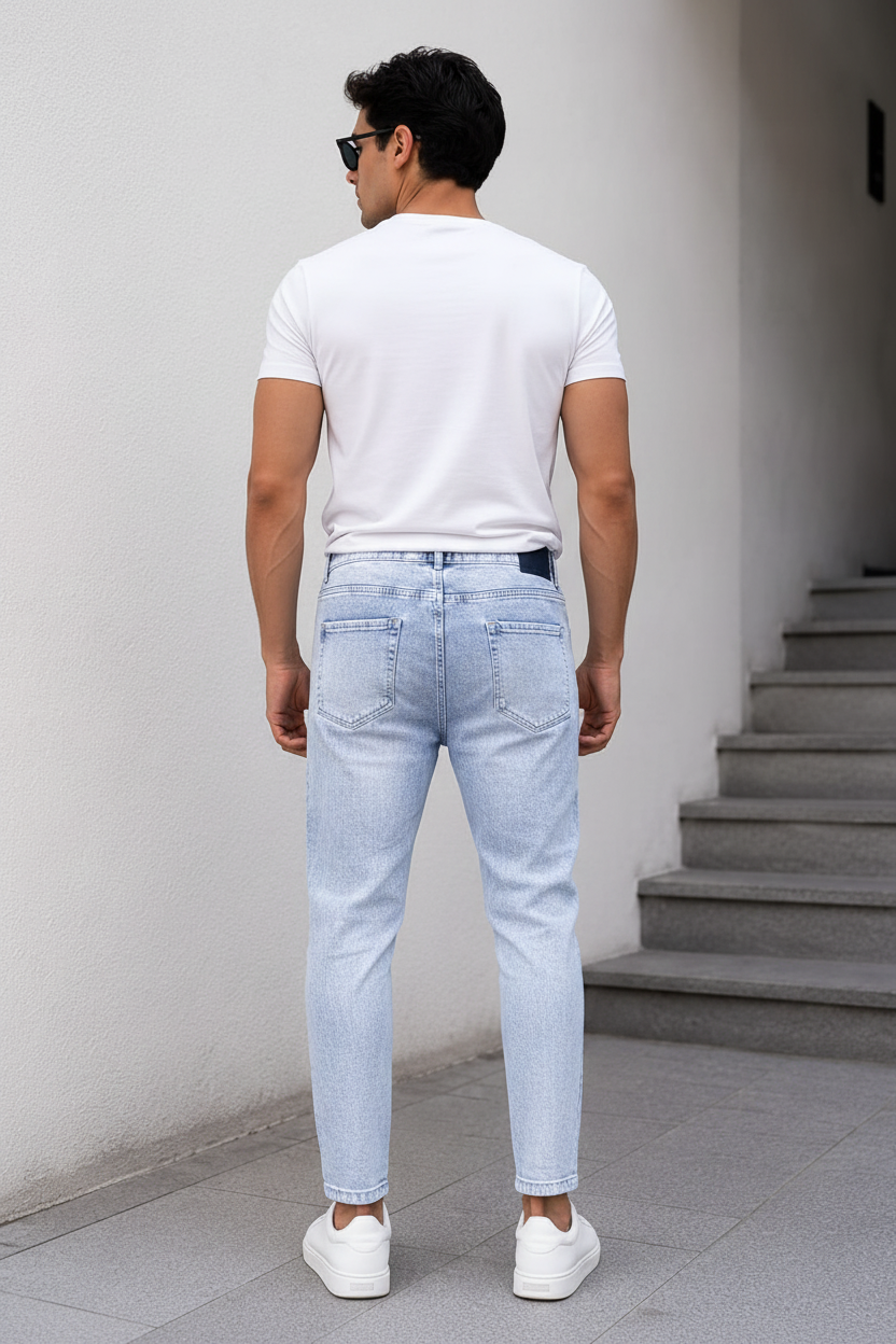 Ice Washed Light Blue Carrot Fit Jeans