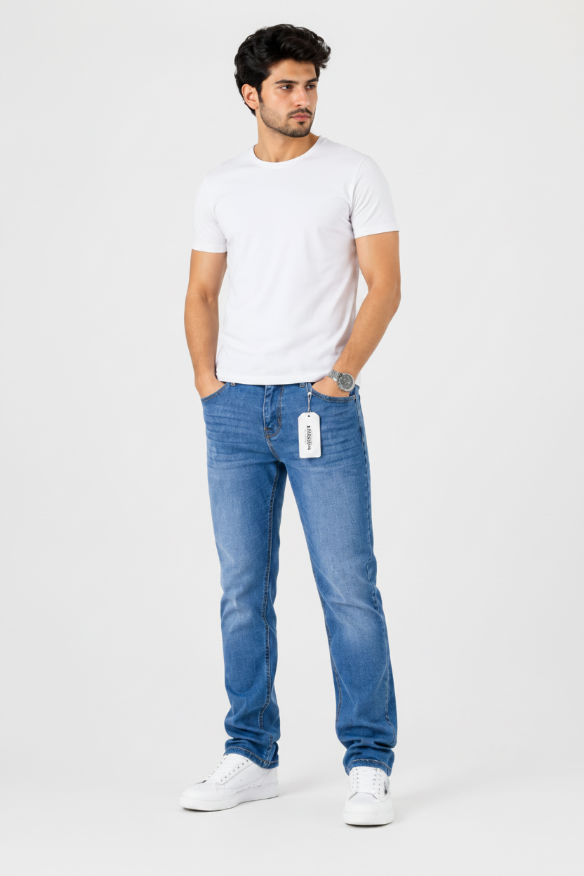 Medium wash Blue Denim Cross Edge Fabric Jeans | Regular Fit Raizing