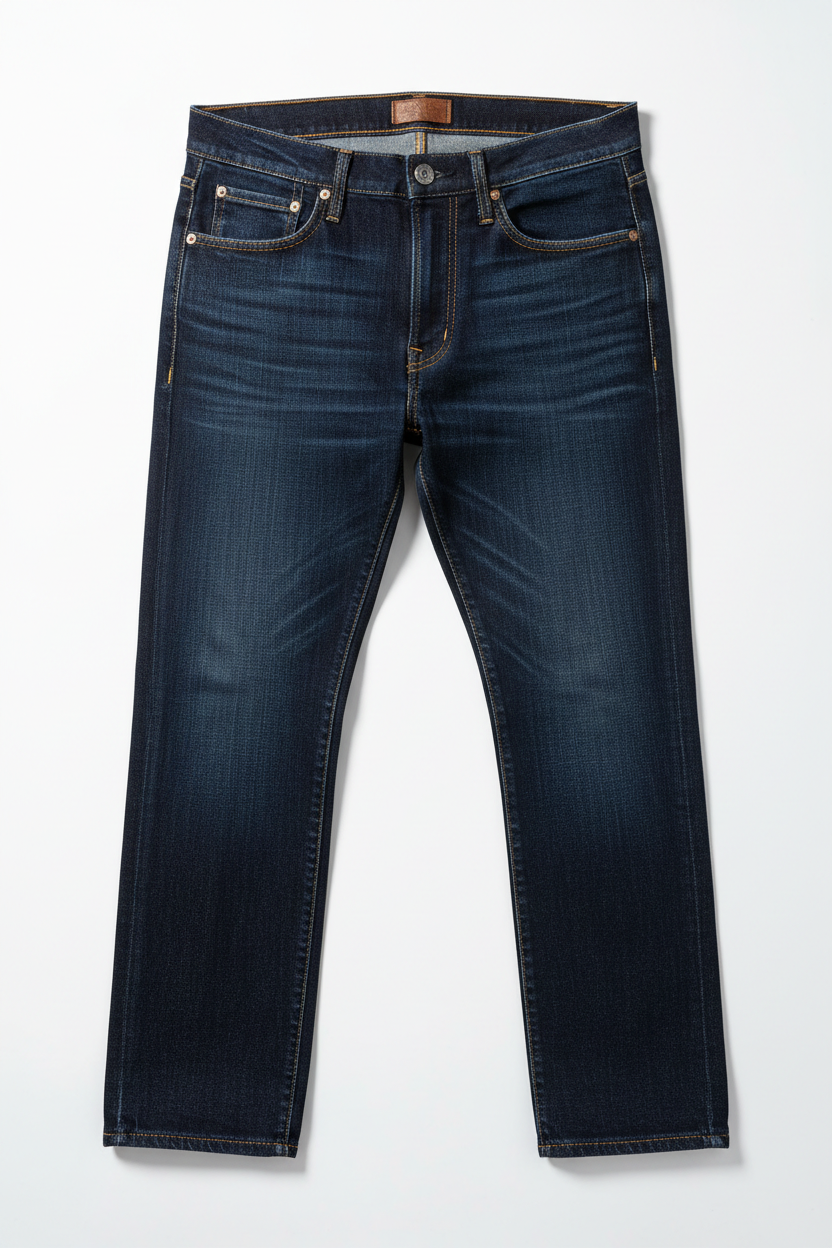 Dark blue denim jeans flat lay display