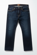 Dark blue denim jeans flat lay display