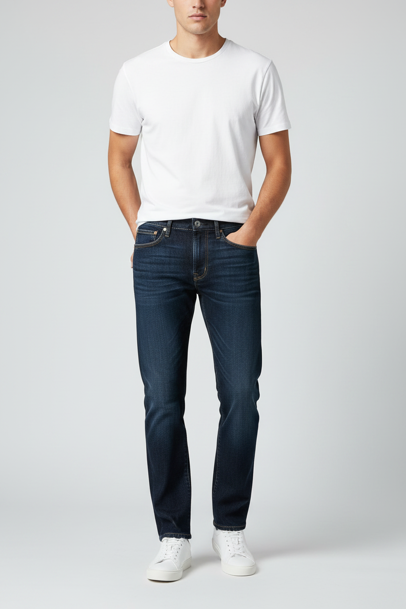 Dark blue denim jeans worn by male model, front view
